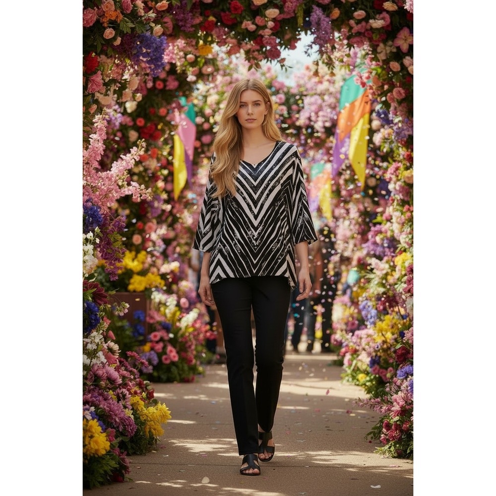 Onque Black White Chevron Sequin V-Neck Top Kimono Sleeve Geometric Print Blouse
